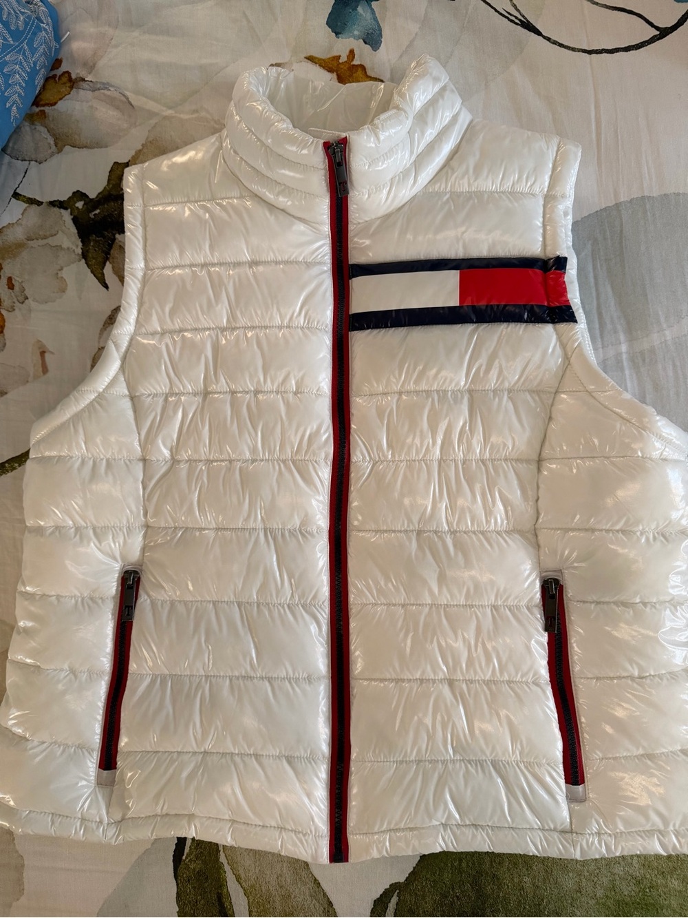 Tommy Hilfiger Glossy White Quilted Puffer Vest with Red & Navy Accents EUC